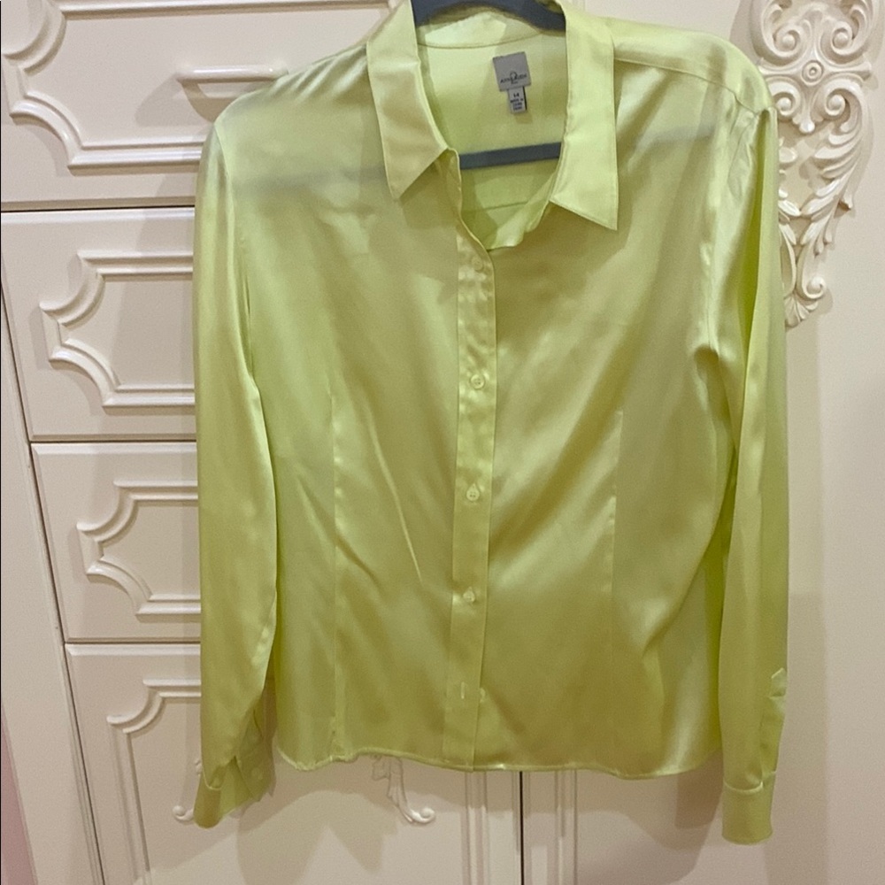 Vintage Anne Klein 2 Lime Green Silk/Spandex Button Down Shirt 14